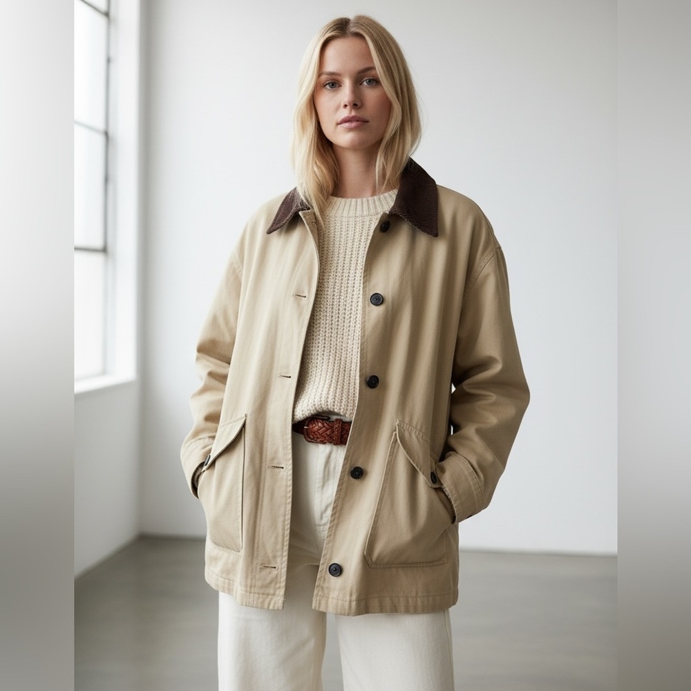 Tan Barn Chore Utility Jacket with Brown Corduroy Collar Oversized NWT